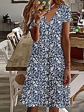 abordables Robe Fleurie-Robe Mini Femme Robe Décontractée Robe Petite Robe d&#039;Été Robe Boule Vacances Décontractée Extérieur Vacances Quotidiennes Ajustement Normal Imprimé Floral Manches Courtes Col en Cœur Blanc Bleu