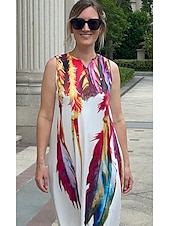 ieftine Rochie Artă și Design-Rochie maxi pentru femei Rochie casual Rochie imprimată Casual Înafară Vacanță Holiday Ajustare regulară Pene Fără mâneci Gât în V Alb Albastru Albastru închis Bej Vară Primăvară