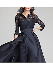 economico Tute della mamma-Tutina  pantalone madre della sposa invitata a matrimonio formale festa vintage colletto camicia lunghezza fino al pavimento satin pizzo maniche 3/4 con arricciature misura personalizzata gratuita