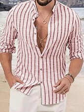 economico Camicie di lino-Per uomo Maglietta informale Camicia estiva Camicia da spiaggia Bianco Rosa Blu Manica lunga A strisce Colletto Primavera estate Hawaiano Per eventi Abbigliamento Stampa