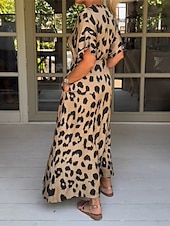 preiswerte abendkleider-Damen Leoparden-Taschendruck V-Ausschnitt Maxi langes Kleid Urlaub Kurzarm Sommer Frühling