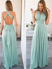 baratos Vestidos para Madrinhas-vestido de dama de honra linha a decote halter / decote em v sem mangas conversível infinito comprimento do chão elastano com faixa / fita / pregas vestido para impressionar 2025