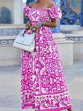 tanie Wakacyjne sukienki-Damskie Długa sukienka sukienka maxi Codzienne sukienki Sukienka Boho Sukienka z nadrukiem Kwiaty Moda miejska Codzienny Na zewnątrz Codzienny Urlop Nadruk Krótki rękaw Z odsłoniętymi ramionami
