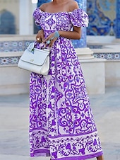 tanie Wakacyjne sukienki-Damskie Długa sukienka sukienka maxi Codzienne sukienki Sukienka Boho Sukienka z nadrukiem Kwiaty Moda miejska Codzienny Na zewnątrz Codzienny Urlop Nadruk Krótki rękaw Z odsłoniętymi ramionami