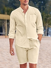 preiswerte Freizeithemden für Herren-Herren Hemd mit chinesischem Kragen Hemd mit Stehkragen Zweiteilig Hemd Set Sommerhemd Freizeithemd Rosa Blau Grün Beige Grau Langarm Einfach Großvaterkragen Stehkragen Urlaub Täglich Fronttasche