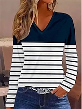 Χαμηλού Κόστους Τι-shirt με ρίγες και γεωμετρικά σχέδια-Γυναικείo T-shirt Μακρύ Μανίκι V Neck Μακρύ Μανίκι Τουνίκ Striped Βασικό Κανονικό Top Ημερήσια Σαββατοκύριακο Εκτύπωση Ναυτικό Μπλε Φθινόπωρο  Χειμώνας Προφθινόπωρο