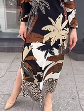 billige Blomstrete kjoler-kvinners tre delt print crew neck maxi lang kjole daglig ferie langermet sommer våren