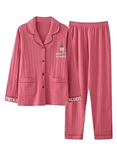 billiga Sovkläder till damer-pyjamas för kvinnor pyjamastopp och byxuppsättningar bokstavsblomma tights / leggings avslappnad komfort hem daglig säng bomull andas lapel långärmad skjorta byxknappficka sommar höst hem kläder