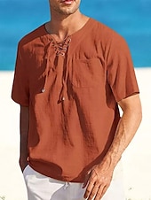 cheap Vacation-Men&#039;s Shirt Linen Shirt Cotton Linen Shirt Summer Shirt Beach Shirt Plain Vacation Casual Black White Pink Blue Short Sleeve V Neck Summer Clothing Apparel Drawstring