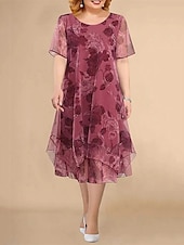 cheap Plus Size Collection-Women&#039;s Plus Size Party Dress Cocktail Dress Wedding Guest Dress Chiffon Mesh Layered Crew Neck Short Sleeve Floral Midi Dress Wedding Guest Cocktail Party Wine Blue Summer Spring