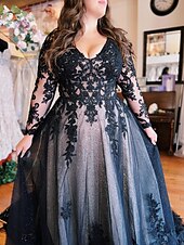 abordables NOIR-Robe de soirée en A robe noire mariage formel traîne courte sans manches décolleté en V réception de mariage d&#039;automne tulle avec fentes et appliques 2025
