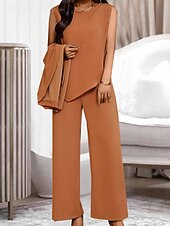 cheap Two Piece Sets-Women&#039;s Loungewear Sets 3 Pieces Pure Color Fashion Casual Comfort Street Daily Date Breathable Crew Neck Long Sleeve Pant Pocket Summer Spring