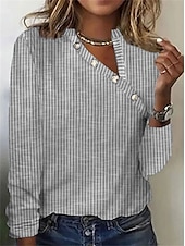 voordelige Stripe &amp; Geometrische t-shirt-Dames T-shirt Gestreept Elegant Modieus Dagelijks Lange mouw V-hals Normale tops Dagelijks Weekend Afdrukken Zwart Blozend Roze blauw Oranje Groen Herfst winter