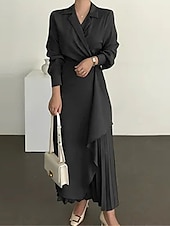 olcso Munkaruhák-Női hétköznapi ruha Maxi hosszú ruha Pliszé Napi Elegáns Divat Állógallér Hosszú ujj Fekete Barna Sárgabarack Szín
