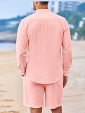 preiswerte Freizeithemden für Herren-Herren Hemd mit chinesischem Kragen Hemd mit Stehkragen Zweiteilig Hemd Set Sommerhemd Freizeithemd Rosa Blau Grün Beige Grau Langarm Einfach Großvaterkragen Stehkragen Urlaub Täglich Fronttasche
