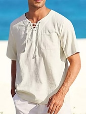 cheap Vacation-Men&#039;s Shirt Linen Shirt Cotton Linen Shirt Summer Shirt Beach Shirt Plain Vacation Casual Black White Pink Blue Short Sleeve V Neck Summer Clothing Apparel Drawstring