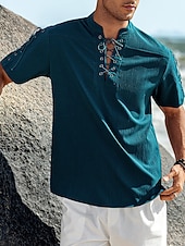 baratos Férias-Homens Camisa Social camisa de linho Camisa casual camisa de praia Tecido Férias Havaiana Preto Branco Azul Marron Manga Curta Colarinho Chinês Primavera Verão Roupa Básico