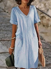cheap Design Cotton &amp; Linen Dresses-Women&#039;s Black White Pink Summer Spring Midi Dress Linen-Inspired Dresses White Dress Casual Dress Classic Modern Casual Outdoor Vacation Daily Loose Fit Plain V Neck