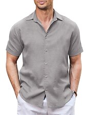 cheap Vacation-Men&#039;s Shirt Linen Shirt Guayabera Shirt Summer Shirt Beach Shirt Button Up Shirt Plain Vacation Casual White Blue Khaki Gray Short Sleeve Lapel Summer Clothing Apparel Patchwork