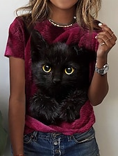 cheap Animals tee-Women&#039;s T Shirt Basic Cat Print Short Sleeve Regular Tops Round Neck Daily Weekend Red Blue Purple Green Gray