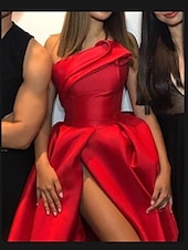 cheap RED-A-Line Evening Gown Party Dress Wedding Guest Prom Floor Length Short Sleeve Halter Neck Belt / Sash Satin Backless V Back with Pleats Ruched Appliques Masquerade Dress 2025