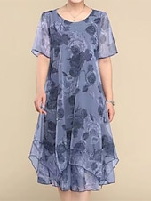 cheap Plus Size Collection-Women&#039;s Plus Size Party Dress Cocktail Dress Wedding Guest Dress Chiffon Mesh Layered Crew Neck Short Sleeve Floral Midi Dress Wedding Guest Cocktail Party Wine Blue Summer Spring
