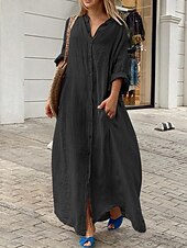 abordables concevoir des robes en coton et lin-Femmes Noir Blanche Jaune Automne Robe Maxi Robe maxi Robes inspirées du lin Robe Blanche Robe noire Mode Quotidien Classique Extérieur Vacances Quotidien Coupe Ample Uni Col montant