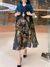 tanie Zestawy sukienkowe-Damskie Zestaw sukienek Codzienne sukienki Sukienka rozkloszowana Sukienka z nadrukiem Moda Codzienny Kwiaty Nadruk Nadruk Sukienka midi Rękaw 1/2 Półgolf Urlop Codzienny Czerwony Niebieski
