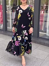 abordables Robes femme-Femme Robe de bal robe soirée Invité de mariage Robe Imprimer Col V manche longue Floral robe hiver robe demoiselle d honneur Noir Printemps Hiver