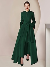 preiswerte Overalls für Mütter-Zweiteiliges Jumpsuit Mutter der Braut formelle Hochzeitsgast elegantes Partykleid mit Kragen bodenlang Taffeta langarm mit Schleife(n) einfarbig 2025 kostenlose Maßanfertigung