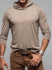 お買い得  ベーシックTシャツ-男性用 Tシャツ ティートップ 長袖 フード付き 夏 平織り ファッション デザイナー ベーシック フード付き バケーション ストリート お出かけ ホワイト ダークブルー ダックグレー メンズトップTシャツ