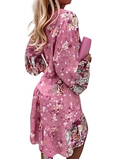 olcso Alkalmi virágos ruhák-női műszakos ruha bohó ruha térdig érő ruha rózsaszín hosszú ujjú virágos fodros smocked print nyár tavasz ősz v nyak boho alkalmi flare mandzsetta ujj 2023 4xl
