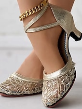 baratos Anos 1920 &amp; Era Gatsby-Sapatos de salto alto femininos com tira em T, em malha dourada e strass – estilo vintage da era Gatsby dos anos 1920, elegantes sapatos de baile para festas de dança da era do jazz.