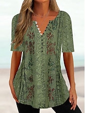 baratos Camiseta floral-Mulheres Camiseta Camisa Henley Floral Tunicas Básico Manga Curta Decote Redondo Tops regulares Feriado Final de semana Botões Imprimir Branco Amarelo Verde Claro Azul Verde