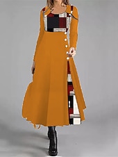 preiswerte Pulloverkleider-Freizeitkleid für Damen, A-Linie, geometrisch, Patchwork, Knopfleiste, lange Ärmel, Rundhalsausschnitt, schwarz, rot, Arbeit, Herbst, Winter, weich, bequem, regulär