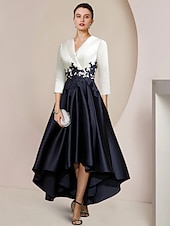 cheap Tea Length-A-Line Mother of the Bride Dress Tuxedo Dress Formal Wedding Guest Elegant High Low Shirt Collar Asymmetrical Tea Length Satin Lace with Appliques Color Block Derby Dress Race Day Dress 2025