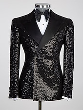 preiswerte Blazer &amp; Jacke-Herren Blazer-Jacke Smoking Party Glanz Pailletten Einfarbig Schwarzes Gold Schwarz Silber Reguläre Passform Zweireihige Sechs-Knöpfe