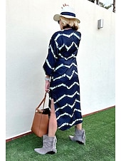 billige T-skjortekjoler-kvinners geometriske stripe knapp splitt v-hals maxi lang kjole daglig ferie langermet sommer våren