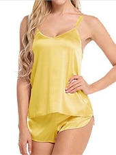 preiswerte Damen Schlafanzüge-Damen-Pyjama-Sets in reiner Farbe, modisch, lässig, weich, für zu Hause, tägliches Bett, Satin-Seide, atmungsaktive Träger, kurzärmeliges Trägeroberteil, Hose, Sommer-/Herbst-Home-Outfits