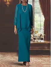 voordelige Met Jas-Twee delige sheath moeder van de bruid jurk formele bruiloft gast elegante scoop hals vloer lengte chiffon lange mouw omslag inbegrepen met effen kleur gratis op maat gemaakt