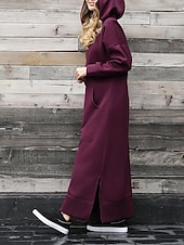 preiswerte Sweatshirt- und Hoodie-Kleider-Damen Casual kleid Sweatkleid kleid lang Täglich Basic Outdoor Urlaub Ausgehen V Ausschnitt Tasche Feste Farbe Regular Fit Schwarz Burgunderrot Blau S M L XL XXL