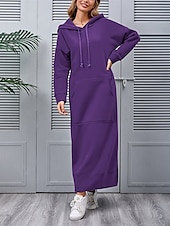 preiswerte Sweatshirt- und Hoodie-Kleider-Damen Casual kleid Sweatkleid kleid lang Täglich Basic Outdoor Urlaub Ausgehen V Ausschnitt Tasche Feste Farbe Regular Fit Schwarz Burgunderrot Blau S M L XL XXL