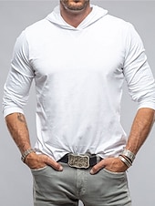 お買い得  ベーシックTシャツ-男性用 Tシャツ ティートップ 長袖 フード付き 夏 平織り ファッション デザイナー ベーシック フード付き バケーション ストリート お出かけ ホワイト ダークブルー ダックグレー メンズトップTシャツ