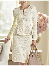 economico Con giacca-Abito a due pezzi madri della sposa abito ospite di matrimonio elegante festa scollo a barca lunghezza al ginocchio pizzo maniche lunghe giacca inclusa con abito da corsa a tinta unita taglia su