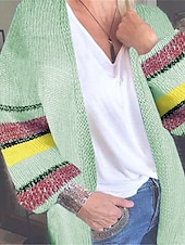 billige Cardigans og yttertøy-Dame Cardigan Genser Stilfull Fritid Myk Geometrisk Fargeblokk Stripet Riflet Åpen Forside Lapper Langermet Lange topper Strikke Daglig Ut på byen Helg Gul Lysegrønn Høst Vinter