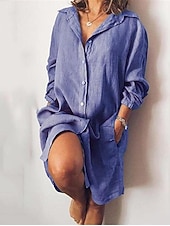 cheap Essential Faux Dresses-Women's Faux Cotton Linen Shirt Dress Basic Casual Daily Regular Fit Plain Long Sleeve Shirt Collar Blue Black Yellow Red Spring &amp;  Fall