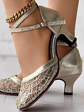 baratos Anos 1920 &amp; Era Gatsby-Sapatos de salto alto femininos com tira em T, em malha dourada e strass – estilo vintage da era Gatsby dos anos 1920, elegantes sapatos de baile para festas de dança da era do jazz.