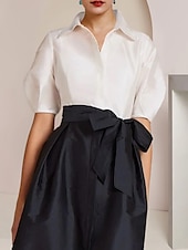 abordables Longueur du plancher-A-Line Robe de Mère de la Mariée Invité de Mariage Élégant Fête Col Chemise Longueur au Sol Taffetas Manches Courtes avec Nœud(s) Bloc de Couleur