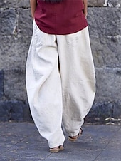 economico Pantaloni in lino e cotone semplici-Per donna Pantaloni in cotone e lino Chinos Pantaloni Semplice Casual Lunghezza intera Vita Alta Semplice Tasca Elastico in vita Baggy Comodità Traspirabilità Morbido Micro-elastico Vacanza