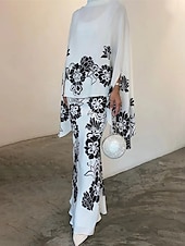 olcso Ruhaszettek-Női ruhakészlet hétköznapi ruha Szoknya készlet Hüvelyruha Elegáns Modern Virágos Fodrozott Nyomtatott Hosszú ruha Maxi ruha Hosszú ujj Állógallér Napi Alkalmi Fehér Pezsgő Bor Ősz Tél Normál
